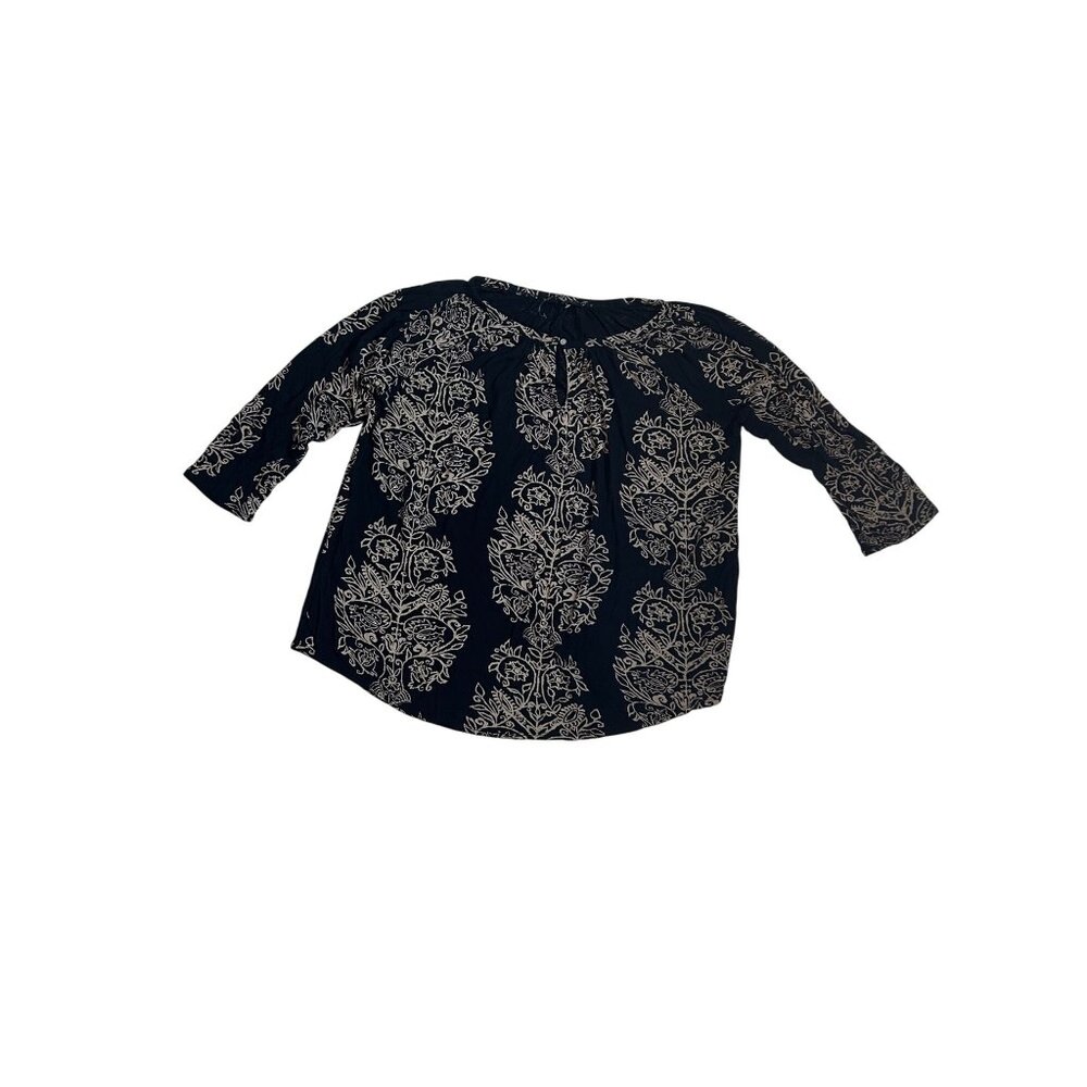 NWT Lucky Brand Womens Black & Beige Floral Print Boho Top 1X 3/4 Sleeves 1847